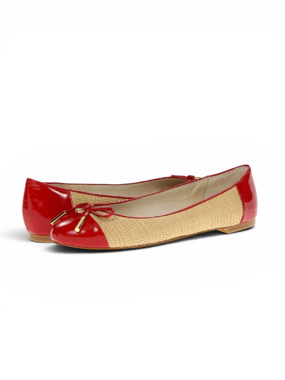 Michael Kors Jordana Ballet Flats Red Patent Straw 7M Bow MK Logo